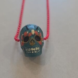 Teal Hand-Painted Sugar Skull Pendant Necklace with Red Beaded Chain